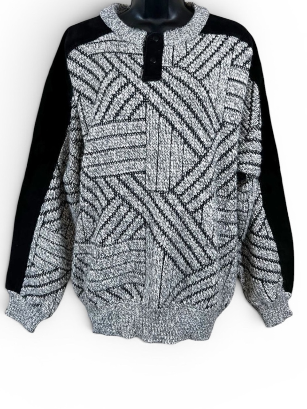 Vintage Juice Leather & Acrylic Knit Geometric Print Grandpa Sweater